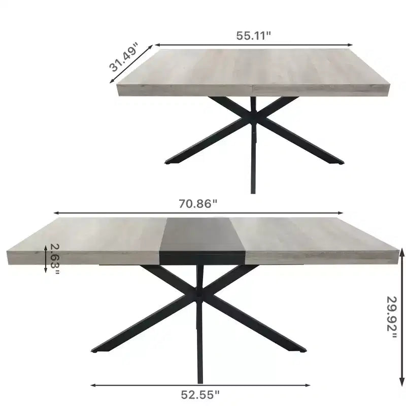 Tavolo da pranzo estensibile retrò da 70", base in ferro nero a croce, piano in MDF marrone, 6 posti a sedere