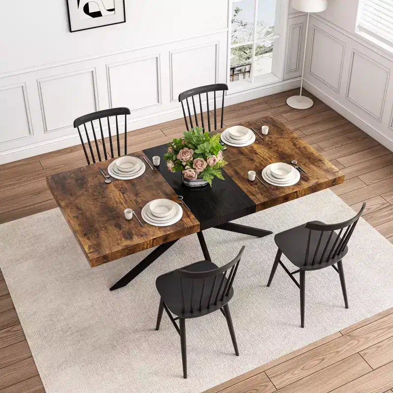 Tavolo da pranzo estensibile retrò da 70", base in ferro nero a croce, piano in MDF marrone, 6 posti a sedere