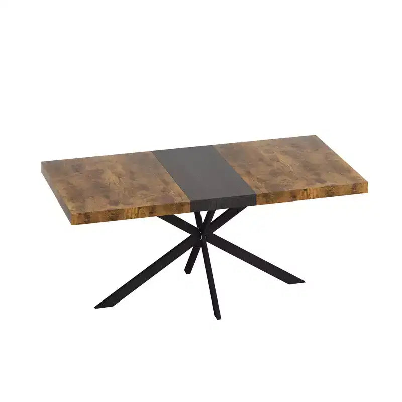 Tavolo da pranzo estensibile retrò da 70", base in ferro nero a croce, piano in MDF marrone, 6 posti a sedere