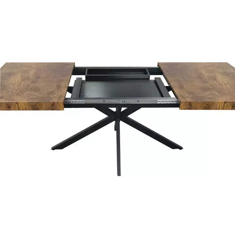 Tavolo da pranzo estensibile retrò da 70", base in ferro nero a croce, piano in MDF marrone, 6 posti a sedere