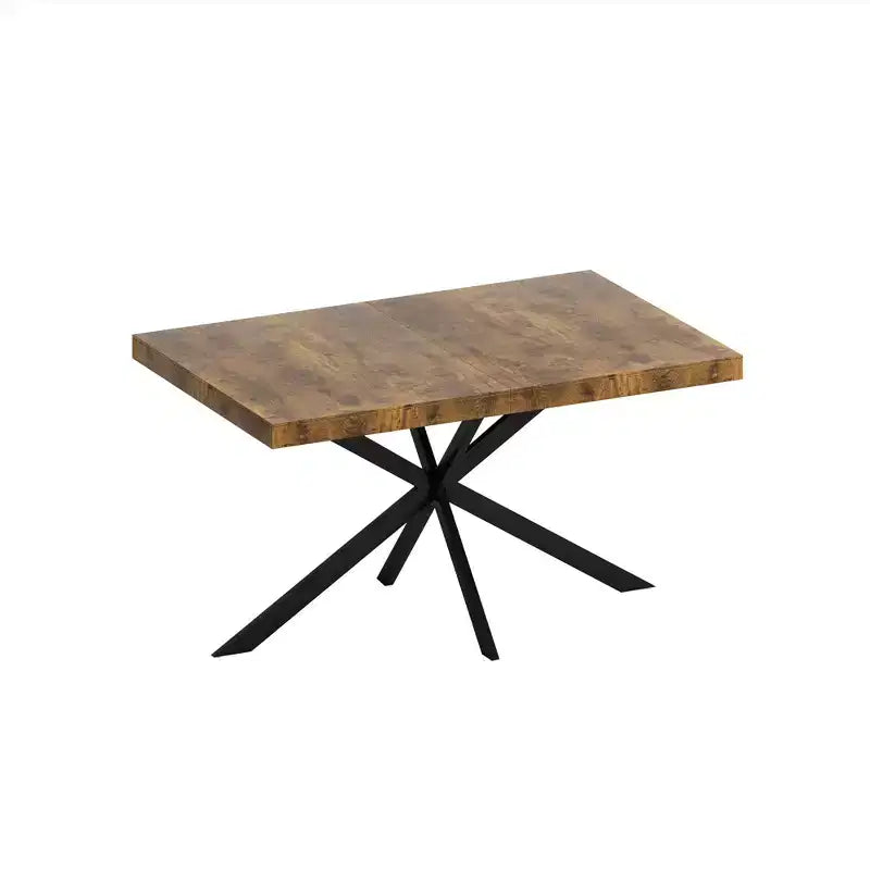 Tavolo da pranzo estensibile retrò da 70", base in ferro nero a croce, piano in MDF marrone, 6 posti a sedere