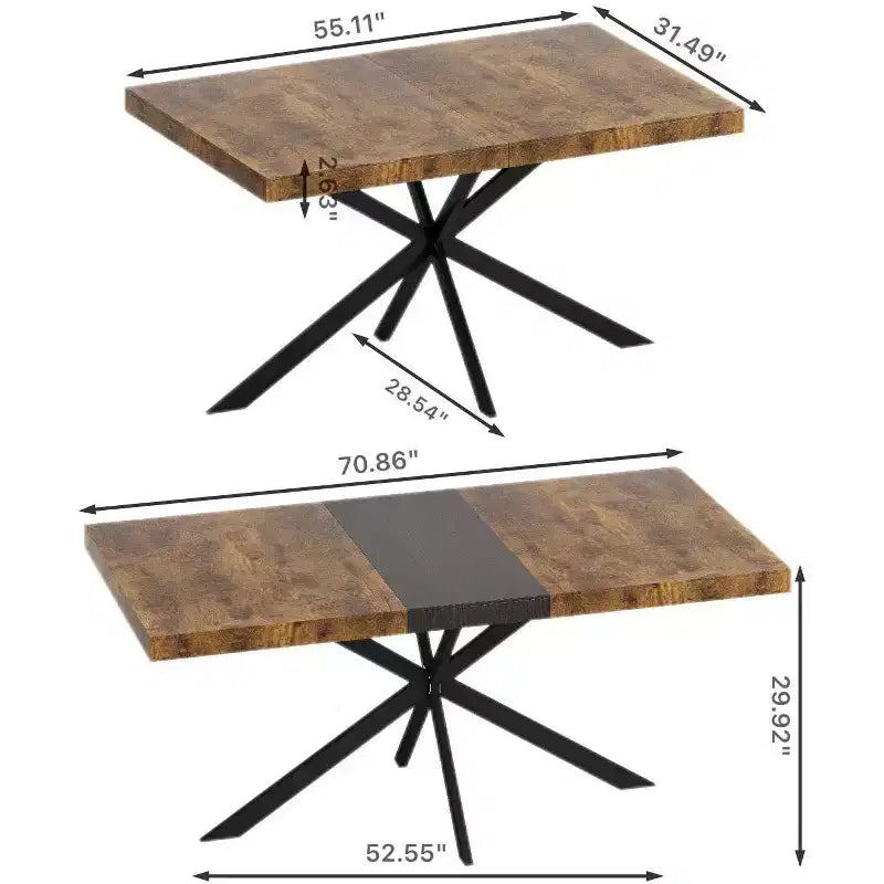 Tavolo da pranzo estensibile retrò da 70", base in ferro nero a croce, piano in MDF marrone, 6 posti a sedere