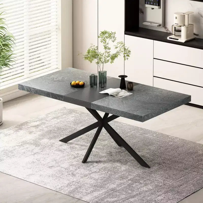 Tavolo da pranzo estensibile retrò da 70", base in ferro nero a croce, piano in MDF marrone, 6 posti a sedere