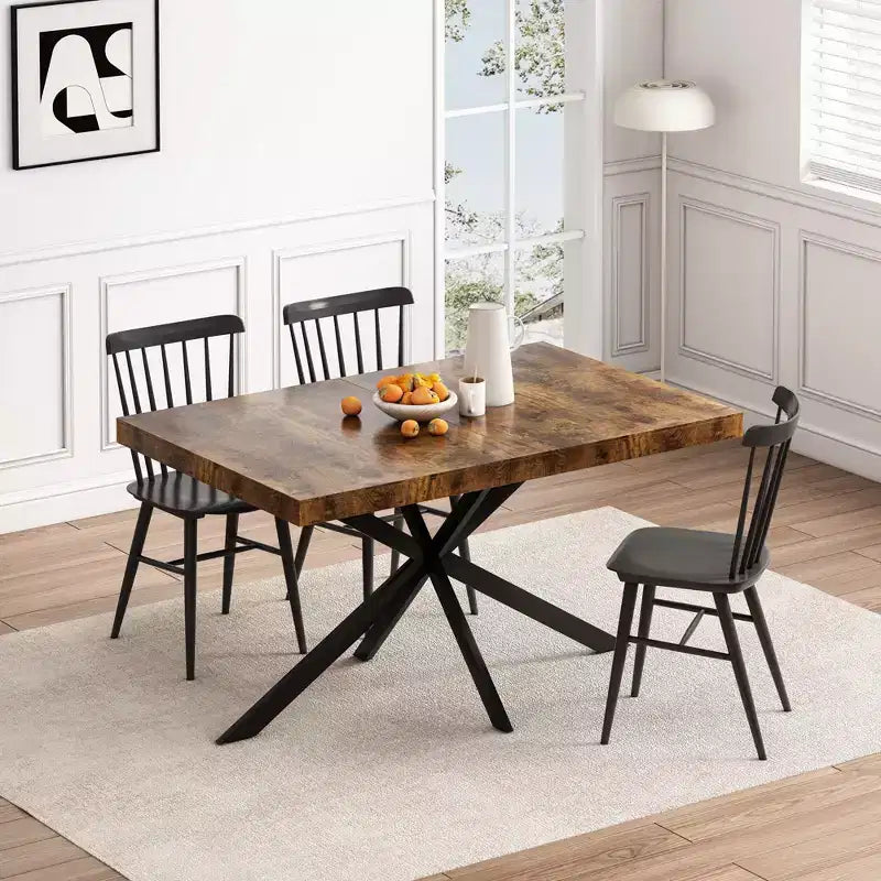 Okak 70IN Retro Rectangular Extendable Dining Table, Folding Table with Black Cross Iron Base, Dinner Table for Dining Room