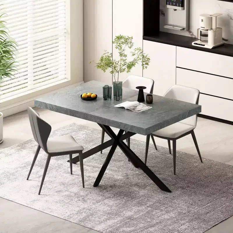 Tavolo da pranzo estensibile retrò da 70", base in ferro nero a croce, piano in MDF marrone, 6 posti a sedere
