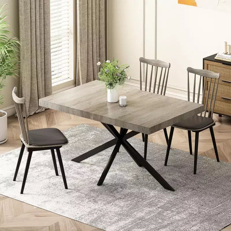 Tavolo da pranzo estensibile retrò da 70", base in ferro nero a croce, piano in MDF marrone, 6 posti a sedere