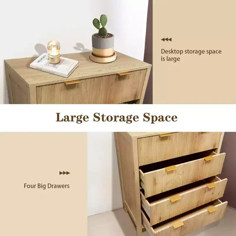 4-Drawer Fluted Dresser with Gold Handles, Farmhouse Style, Solid Wood Legs