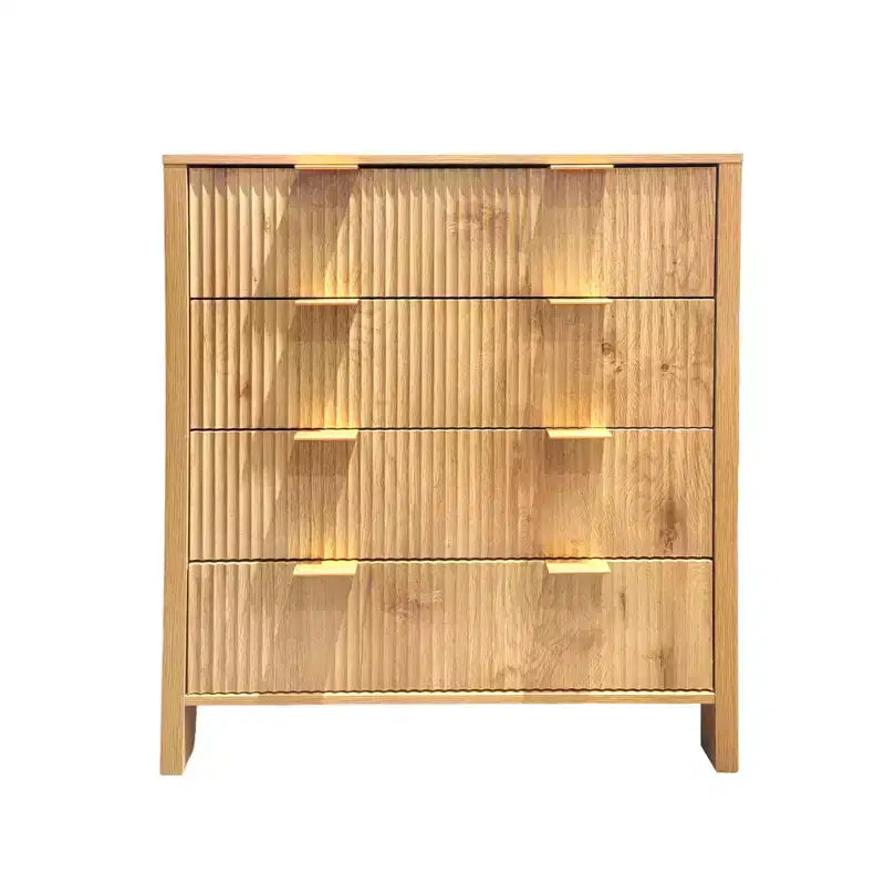 4-Drawer Fluted Dresser with Gold Handles, Farmhouse Style, Solid Wood Legs