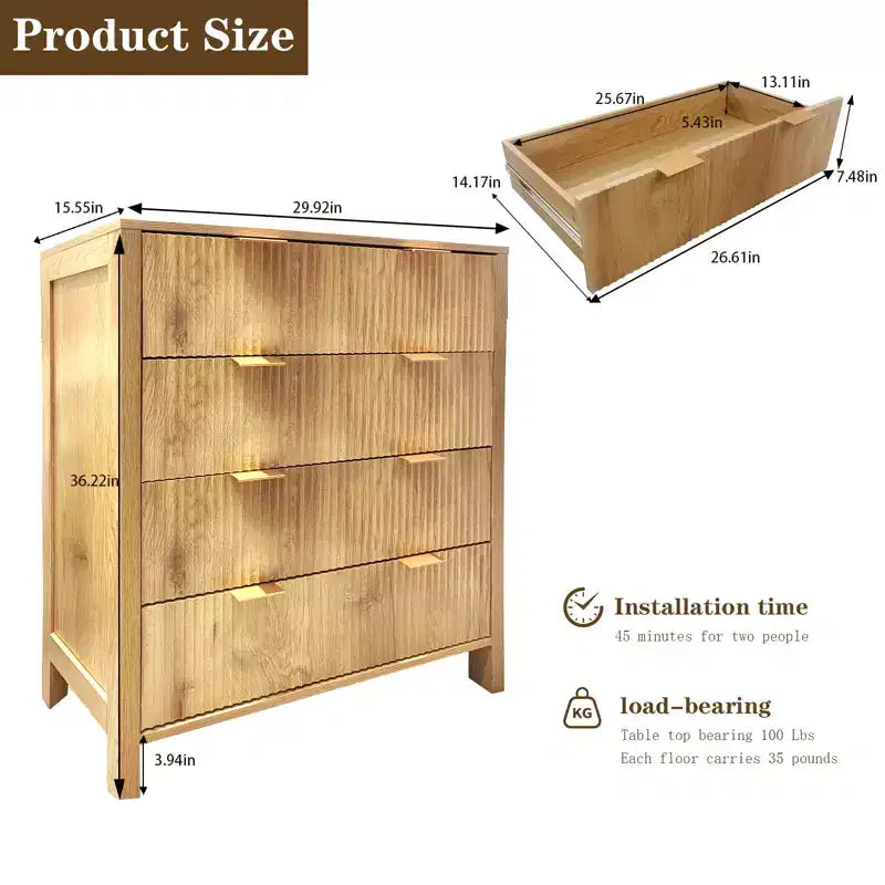 4-Drawer Fluted Dresser with Gold Handles, Farmhouse Style, Solid Wood Legs