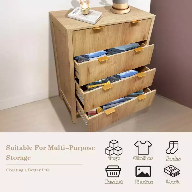 4-Drawer Fluted Dresser with Gold Handles, Farmhouse Style, Solid Wood Legs