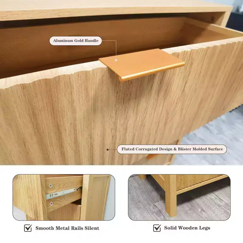 4-Drawer Fluted Dresser with Gold Handles, Farmhouse Style, Solid Wood Legs