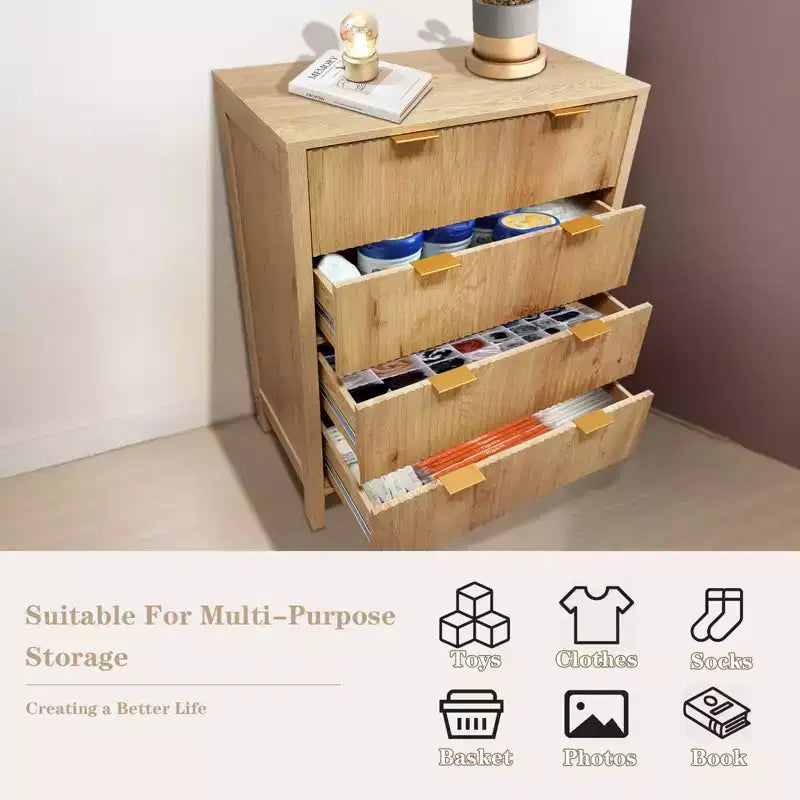 4-Drawer Fluted Dresser with Gold Handles, Farmhouse Style, Solid Wood Legs