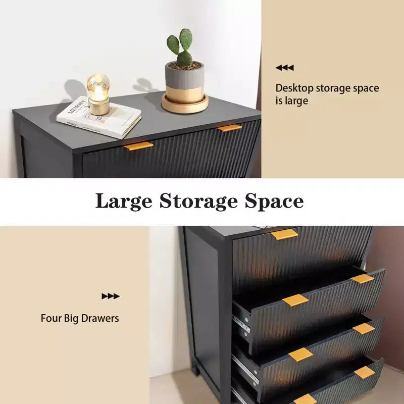 4-Drawer Fluted Dresser with Gold Handles, Farmhouse Style, Solid Wood Legs
