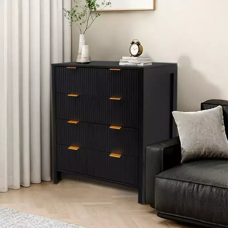 4-Drawer Fluted Dresser with Gold Handles, Farmhouse Style, Solid Wood Legs