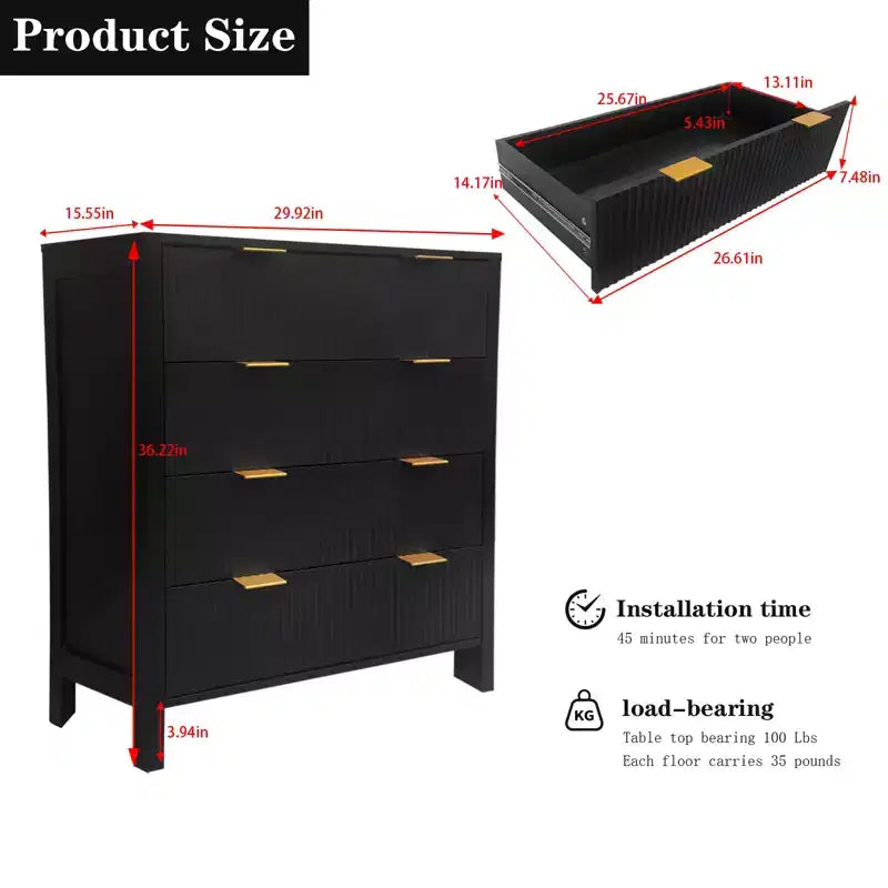 4-Drawer Fluted Dresser with Gold Handles, Farmhouse Style, Solid Wood Legs