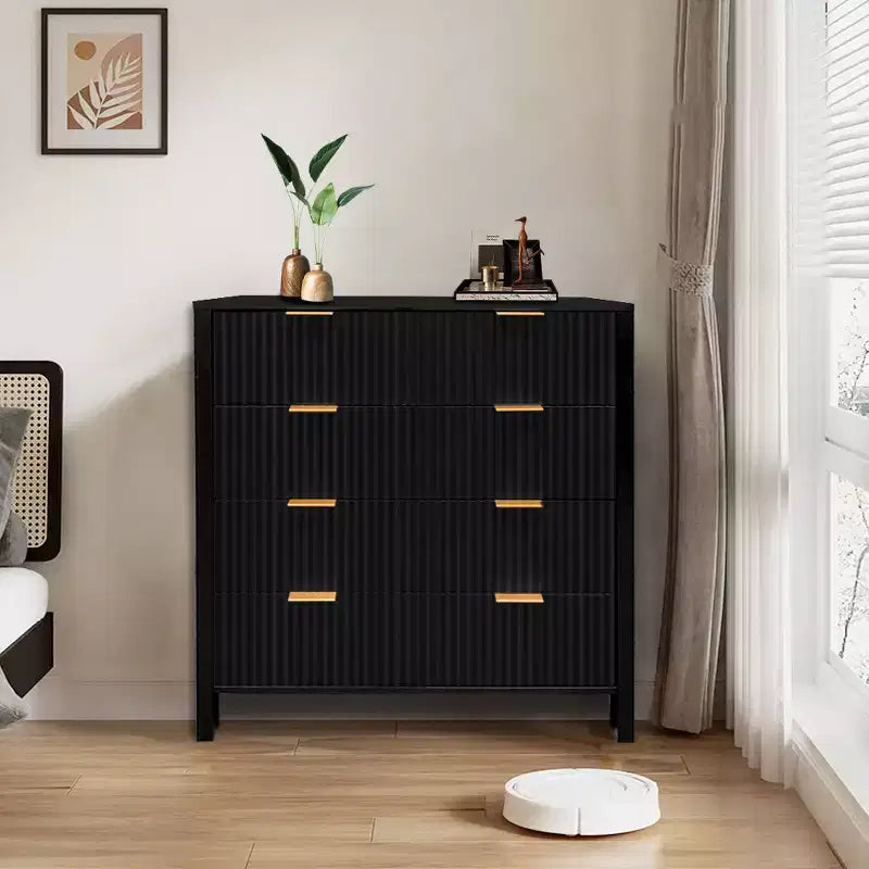 4-Drawer Fluted Dresser with Gold Handles, Farmhouse Style, Solid Wood Legs