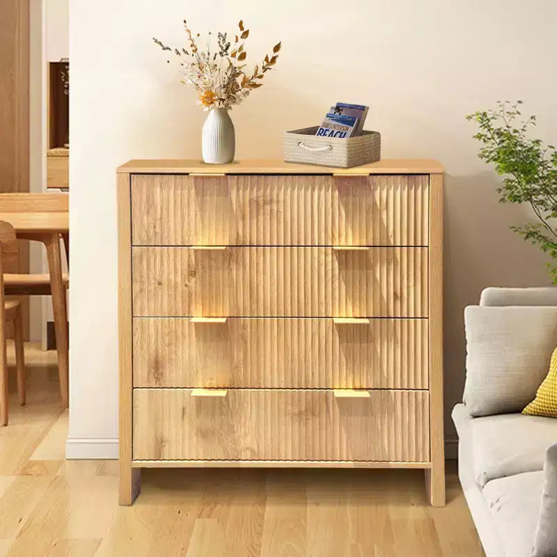 4-Drawer Fluted Dresser with Gold Handles, Farmhouse Style, Solid Wood Legs