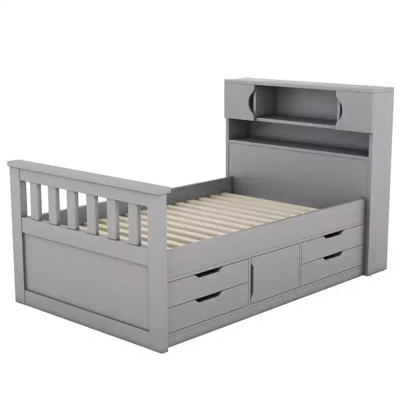 Twin Captain Platform Bed with Bookcase Headboard & 4 Drawers, Pine & MDF, 660 lb