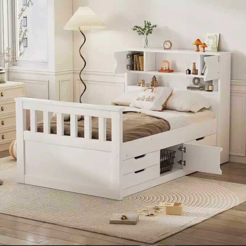 Twin Captain Platform Bed with Bookcase Headboard & 4 Drawers, Pine & MDF, 660 lb