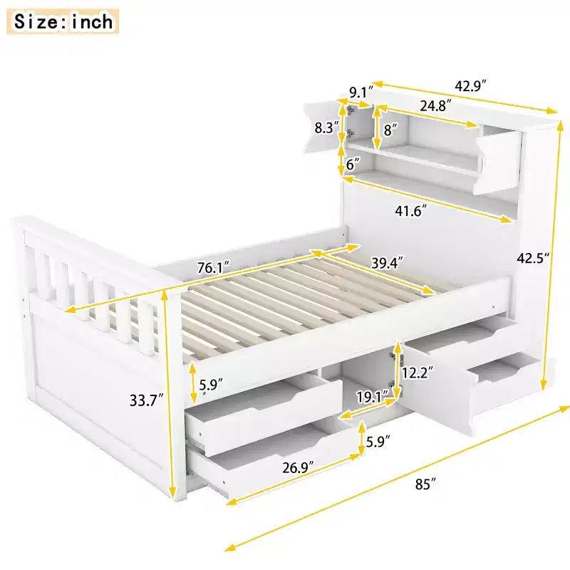 Twin Captain Platform Bed with Bookcase Headboard & 4 Drawers, Pine & MDF, 660 lb