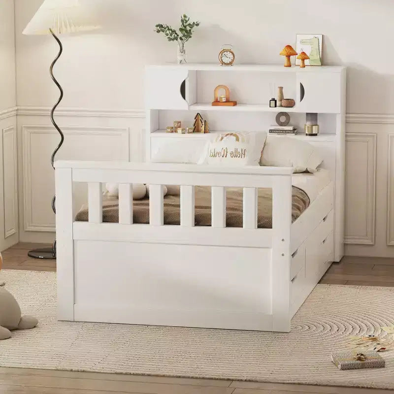 Twin Captain Platform Bed with Bookcase Headboard & 4 Drawers, Pine & MDF, 660 lb