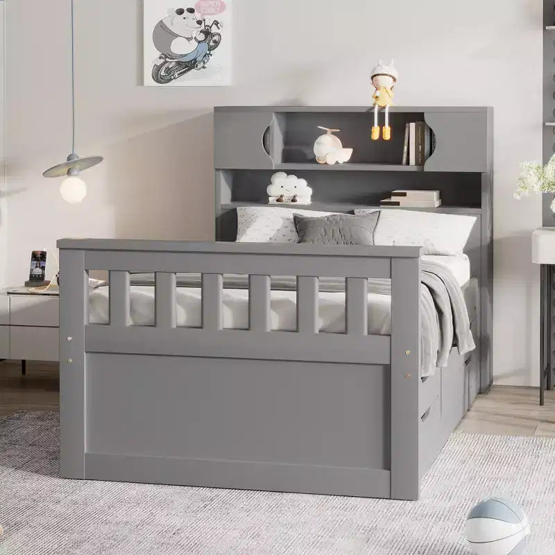 Twin Captain Platform Bed with Bookcase Headboard & 4 Drawers, Pine & MDF, 660 lb