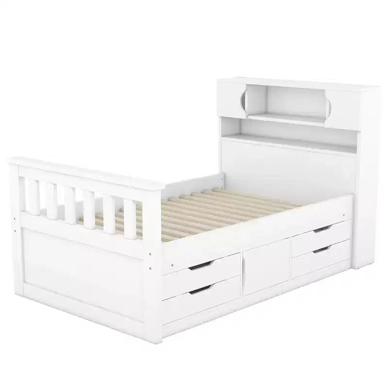 Twin Captain Platform Bed with Bookcase Headboard & 4 Drawers, Pine & MDF, 660 lb