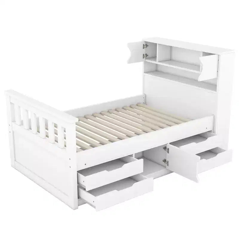 Twin Captain Platform Bed with Bookcase Headboard & 4 Drawers, Pine & MDF, 660 lb