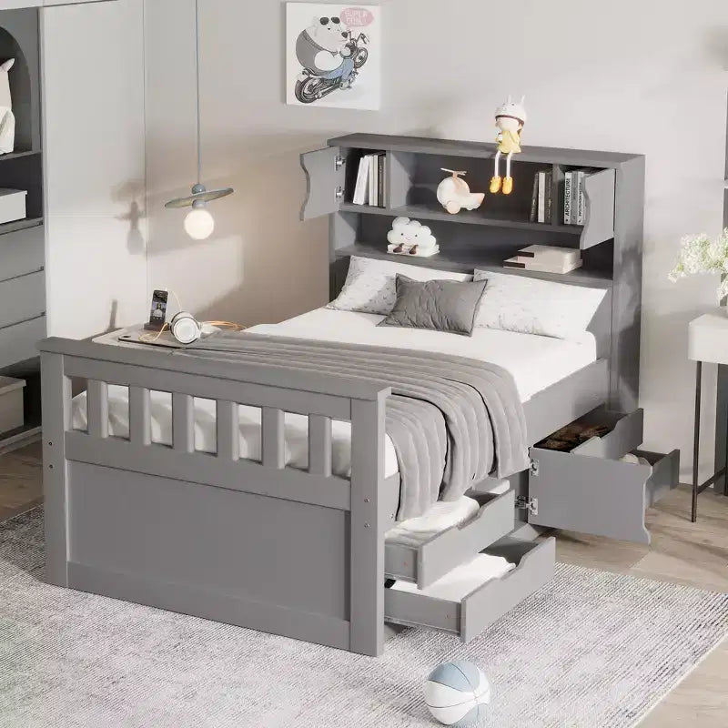 Twin Captain Platform Bed with Bookcase Headboard & 4 Drawers, Pine & MDF, 660 lb