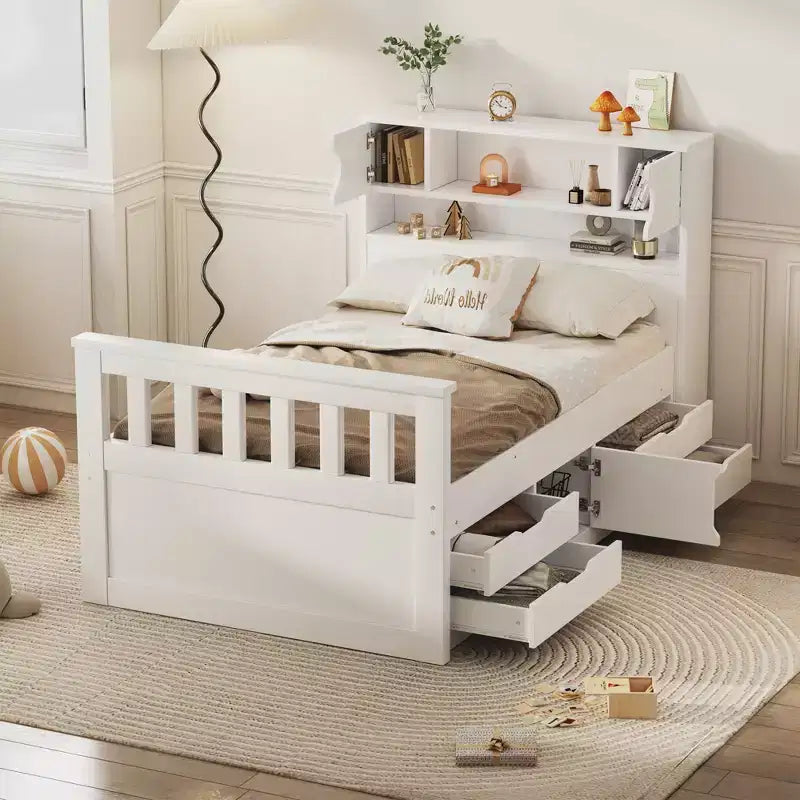 Letto a piattaforma Twin Captain con testiera a libreria e 4 cassetti, pino e MDF, 300 kg
