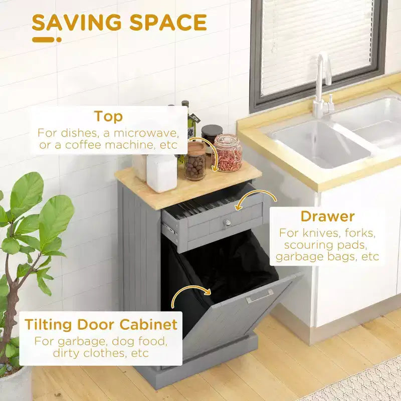 Mobile Cucina con Pattumiera Estraibile e Cassetto, Bianco e Rovere, 38 Litri, Autoportante