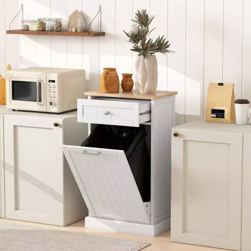Mobile Cucina con Pattumiera Estraibile e Cassetto, Bianco e Rovere, 38 Litri, Autoportante