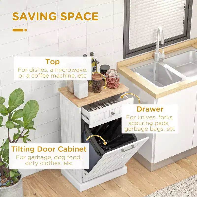 Mobile Cucina con Pattumiera Estraibile e Cassetto, Bianco e Rovere, 38 Litri, Autoportante
