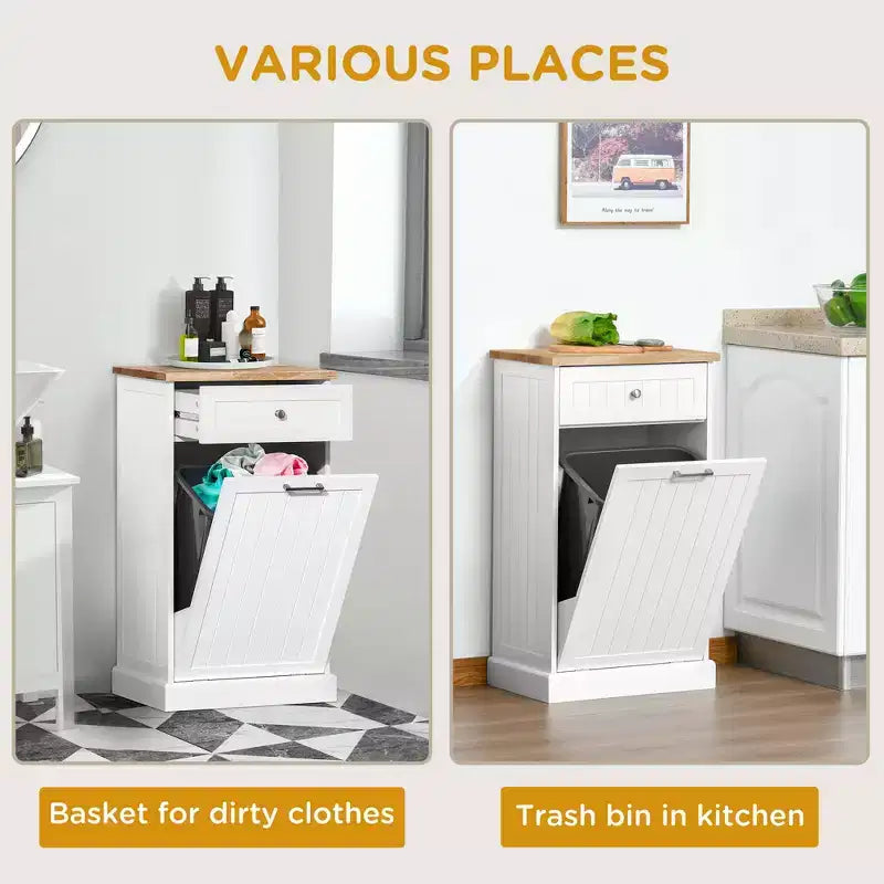 Mobile Cucina con Pattumiera Estraibile e Cassetto, Bianco e Rovere, 38 Litri, Autoportante