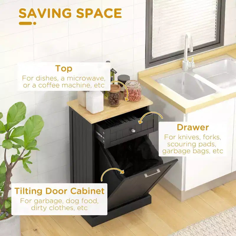 Mobile Cucina con Pattumiera Estraibile e Cassetto, Bianco e Rovere, 38 Litri, Autoportante