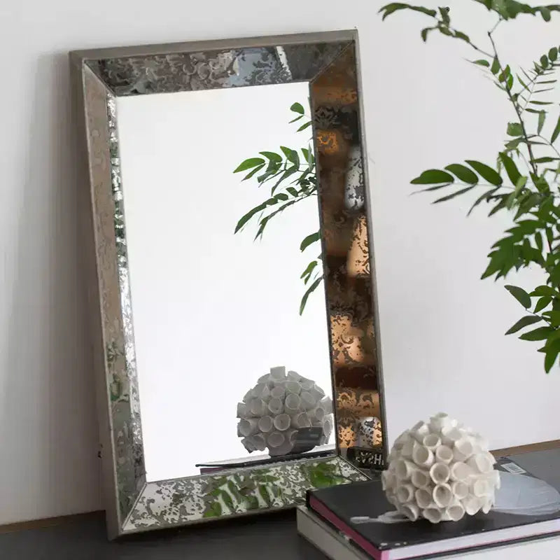 MAYEERTY 24 x 15 Antique Silver Rectangle Mirror with Floral Accents, Hanging Wall Mirror, Silver
