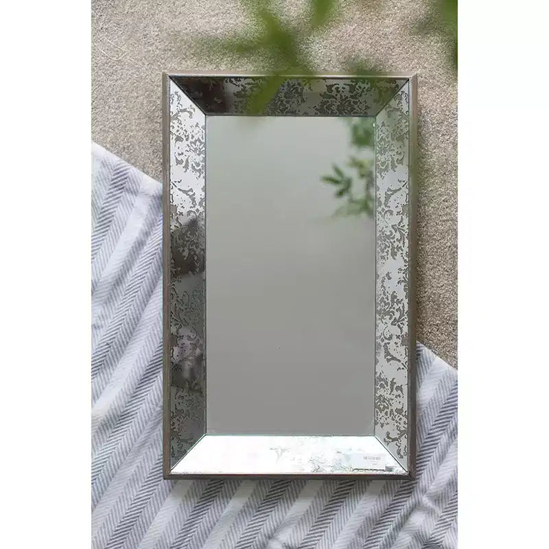 Antique Silver Rectangle Wall Mirror with Floral Accents, 24"x15", Vintage Decor