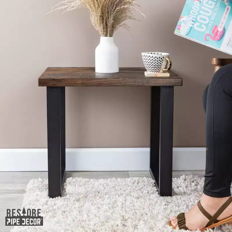 Industrial End Table, Black Steel Legs & Pine Top, 22"x18", Handcrafted