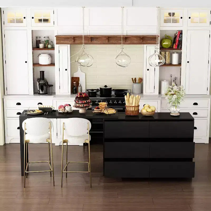 Credenza a Buffet Girevole Allungabile con 6 Cassetti e Tavolo da Pranzo Girevole, MDF Nero