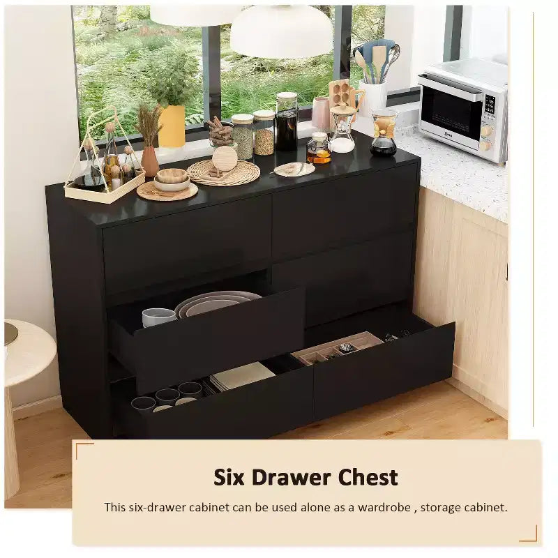 Credenza a Buffet Girevole Allungabile con 6 Cassetti e Tavolo da Pranzo Girevole, MDF Nero