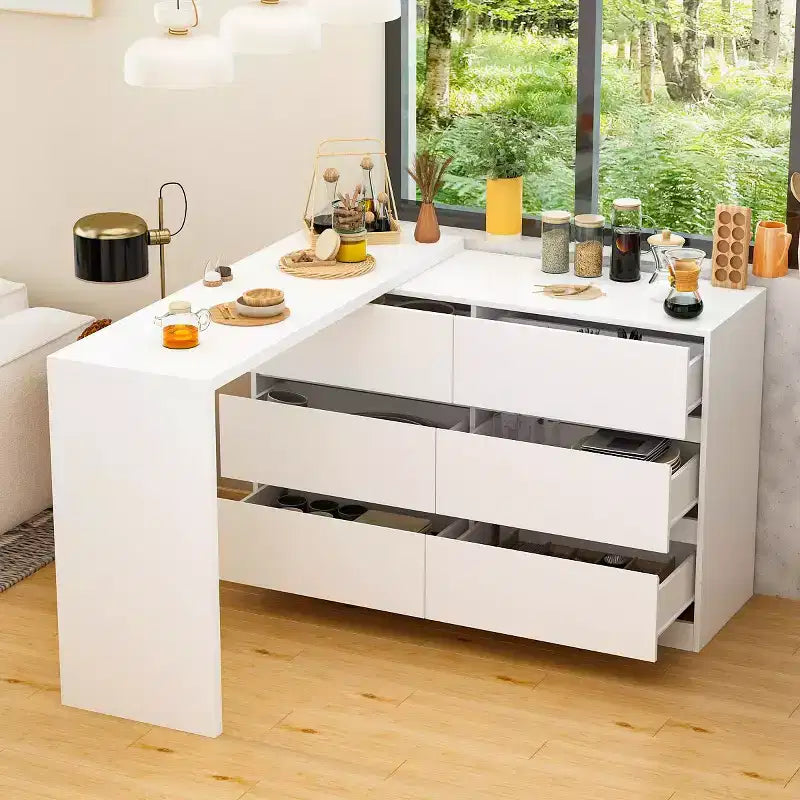 Credenza a Buffet Girevole Allungabile con 6 Cassetti e Tavolo da Pranzo Girevole, MDF Nero