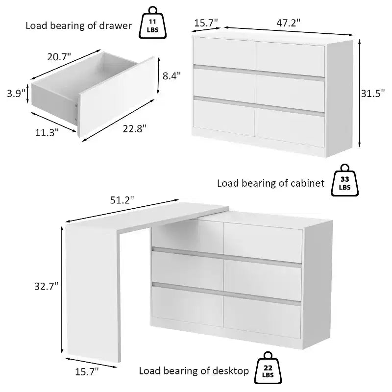Credenza a Buffet Girevole Allungabile con 6 Cassetti e Tavolo da Pranzo Girevole, MDF Nero