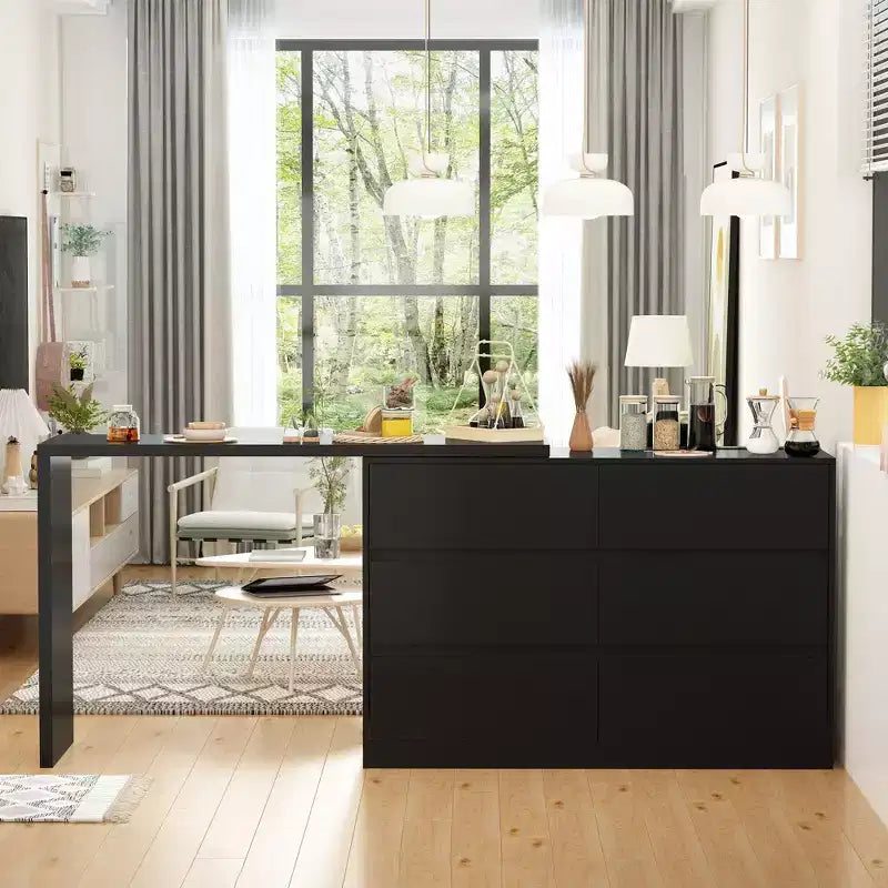 Credenza a Buffet Girevole Allungabile con 6 Cassetti e Tavolo da Pranzo Girevole, MDF Nero