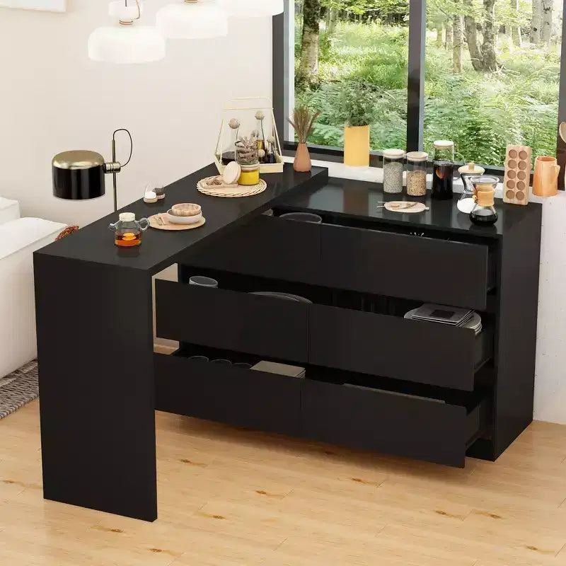 Credenza a Buffet Girevole Allungabile con 6 Cassetti e Tavolo da Pranzo Girevole, MDF Nero