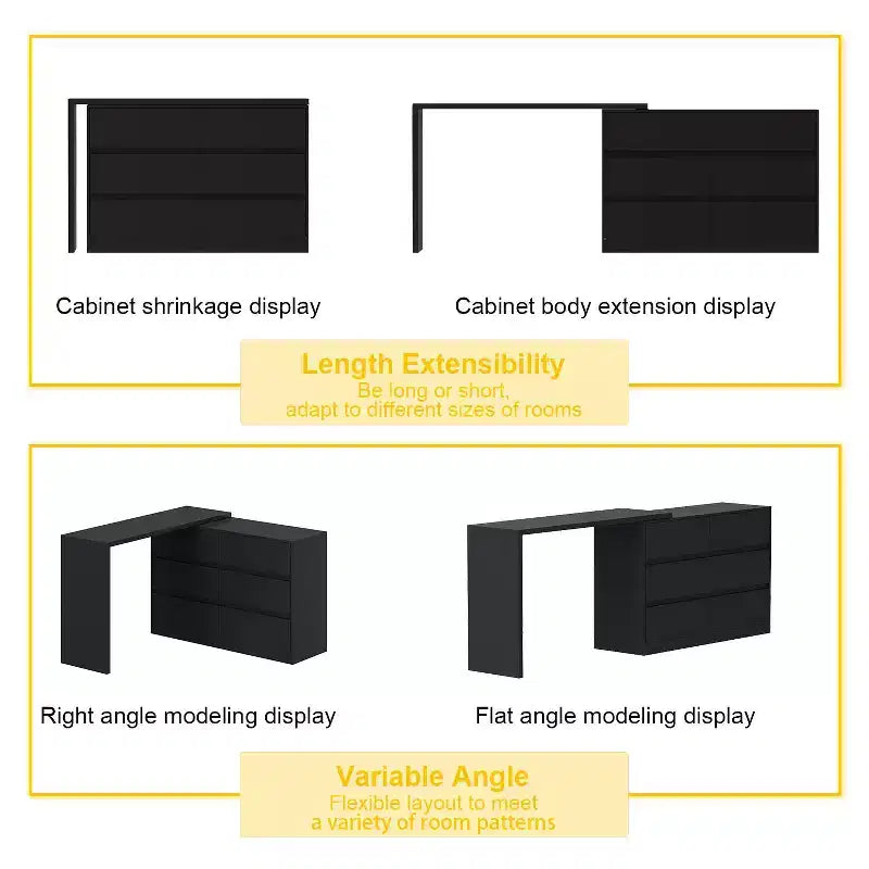 Credenza a Buffet Girevole Allungabile con 6 Cassetti e Tavolo da Pranzo Girevole, MDF Nero
