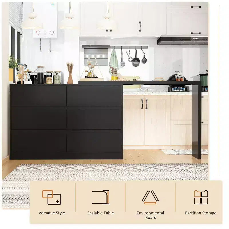 Credenza a Buffet Girevole Allungabile con 6 Cassetti e Tavolo da Pranzo Girevole, MDF Nero