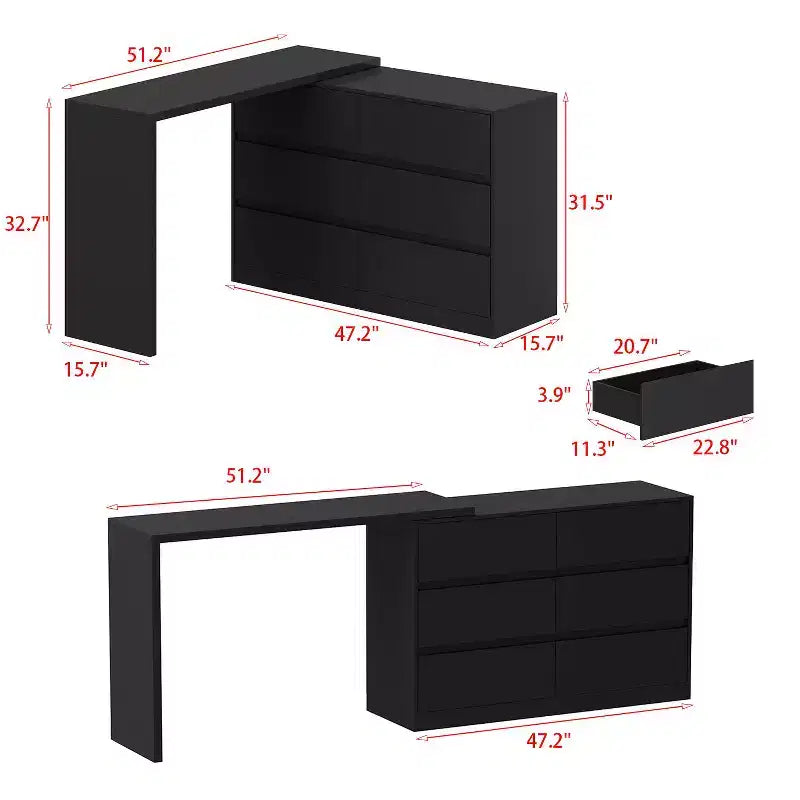 Credenza a Buffet Girevole Allungabile con 6 Cassetti e Tavolo da Pranzo Girevole, MDF Nero