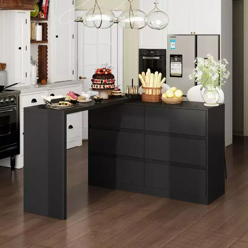 Credenza a Buffet Girevole Allungabile con 6 Cassetti e Tavolo da Pranzo Girevole, MDF Nero