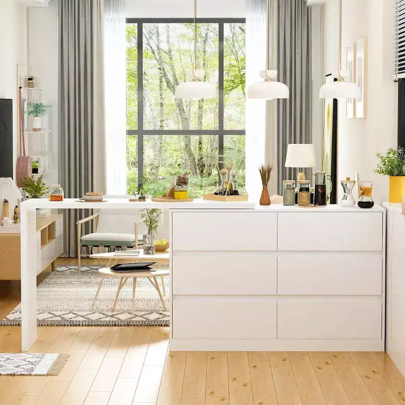 Credenza a Buffet Girevole Allungabile con 6 Cassetti e Tavolo da Pranzo Girevole, MDF Nero