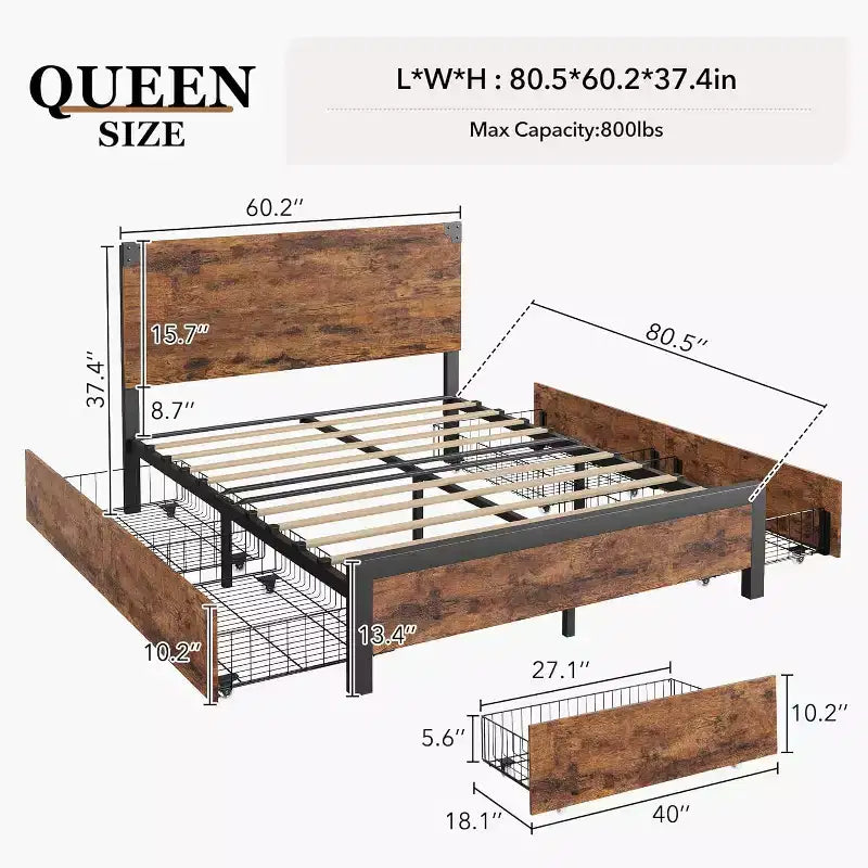 Queen Platform Bed Frame with Headboard & 4 Storage Drawers, Farmhouse Style, No Box Spring